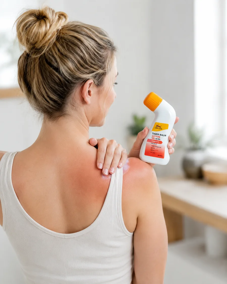 Moteris tepa Tiger Balm Lotion ant skaudančio peties
